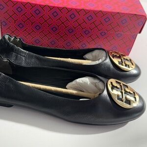 Tory Burch Women's Claire Ballet Goat Leather Flat Black/Gold, new Pick size